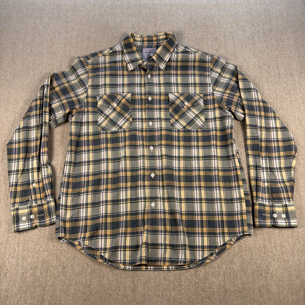 LL Bean Shirt Men Sz Lg Blue Yellow Plaid Trim Fit Button Down Classic Casual